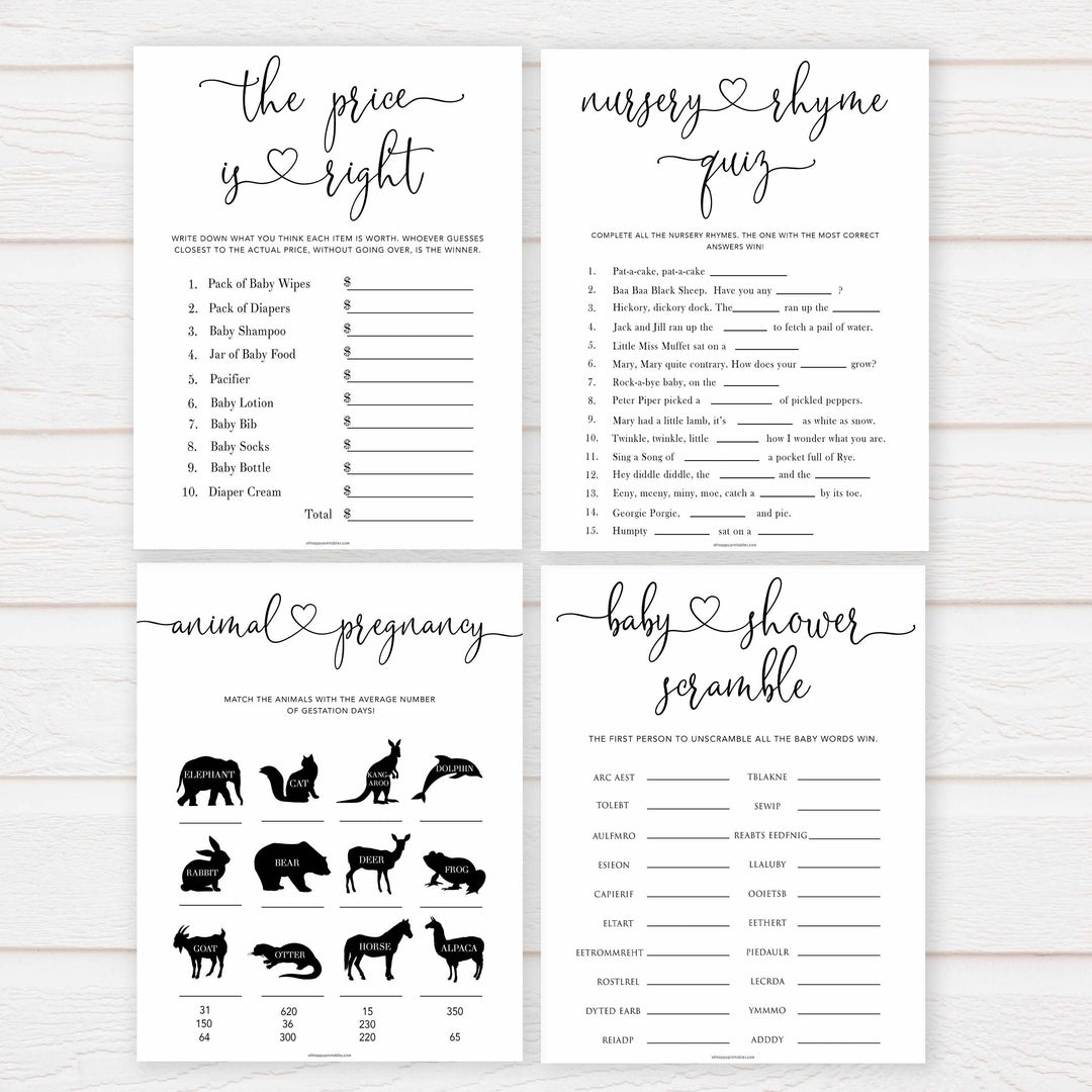 Minimalist baby shower games, 10 baby game bundles, fun baby games, printable baby games, top baby games, popular baby games, labor or porn games, neutral baby games, gender reveal games