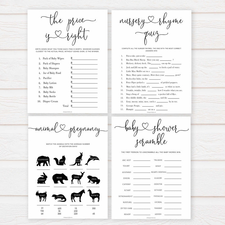 Minimalist baby shower games, 10 baby game bundles, fun baby games, printable baby games, top baby games, popular baby games, labor or porn games, neutral baby games, gender reveal games