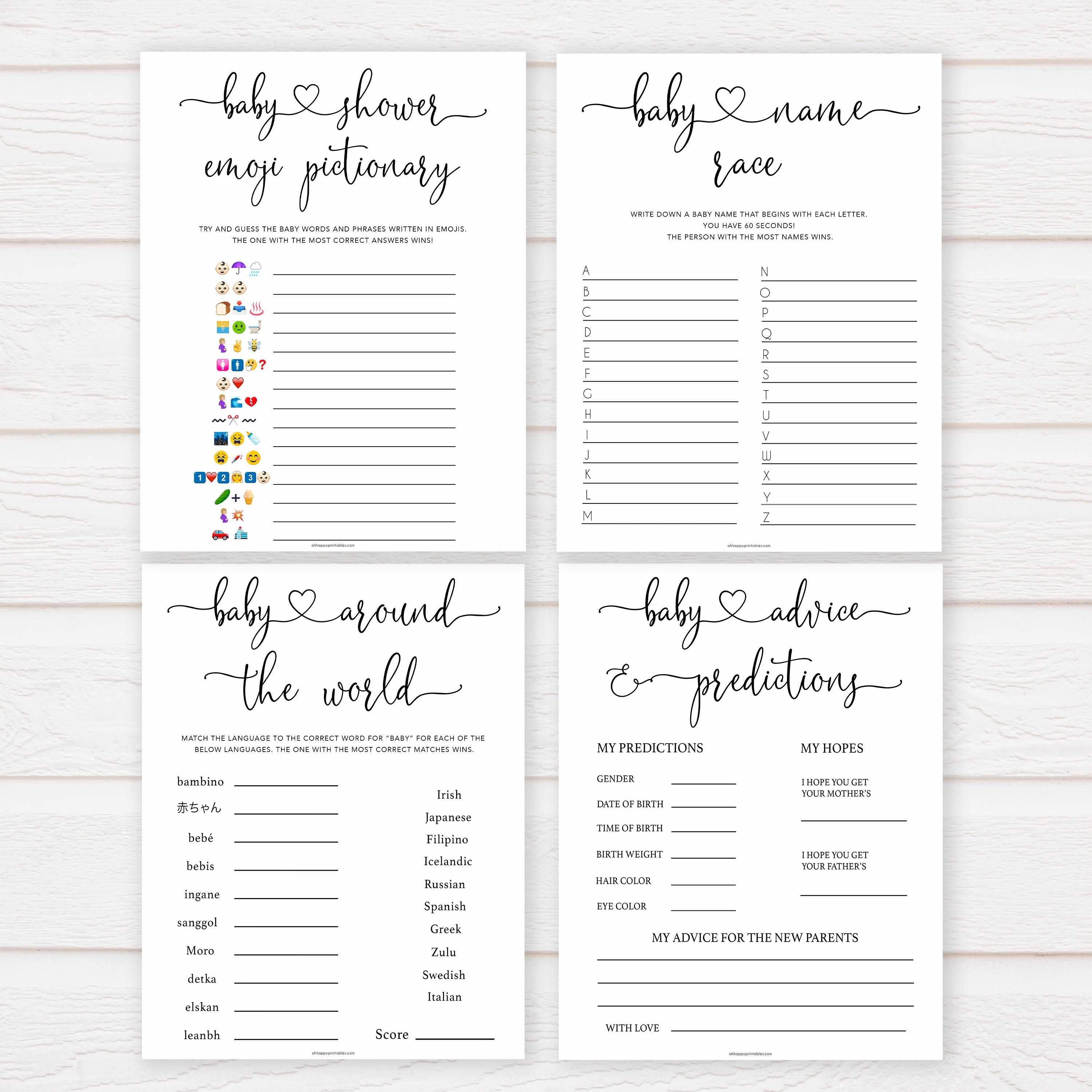 Minimalist baby shower games, 10 baby game bundles, fun baby games, printable baby games, top baby games, popular baby games, labor or porn games, neutral baby games, gender reveal games