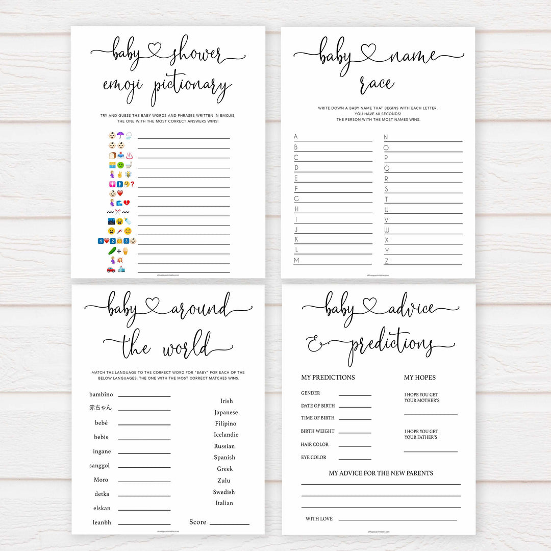Minimalist baby shower games, 10 baby game bundles, fun baby games, printable baby games, top baby games, popular baby games, labor or porn games, neutral baby games, gender reveal games