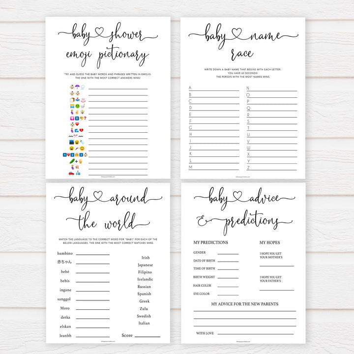 Minimalist baby shower games, 10 baby game bundles, fun baby games, printable baby games, top baby games, popular baby games, labor or porn games, neutral baby games, gender reveal games