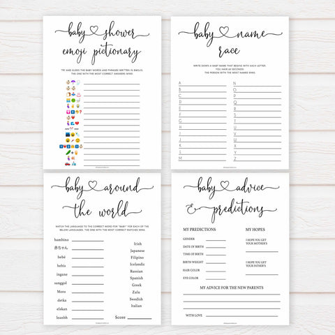 Minimalist baby shower games, 10 baby game bundles, fun baby games, printable baby games, top baby games, popular baby games, labor or porn games, neutral baby games, gender reveal games