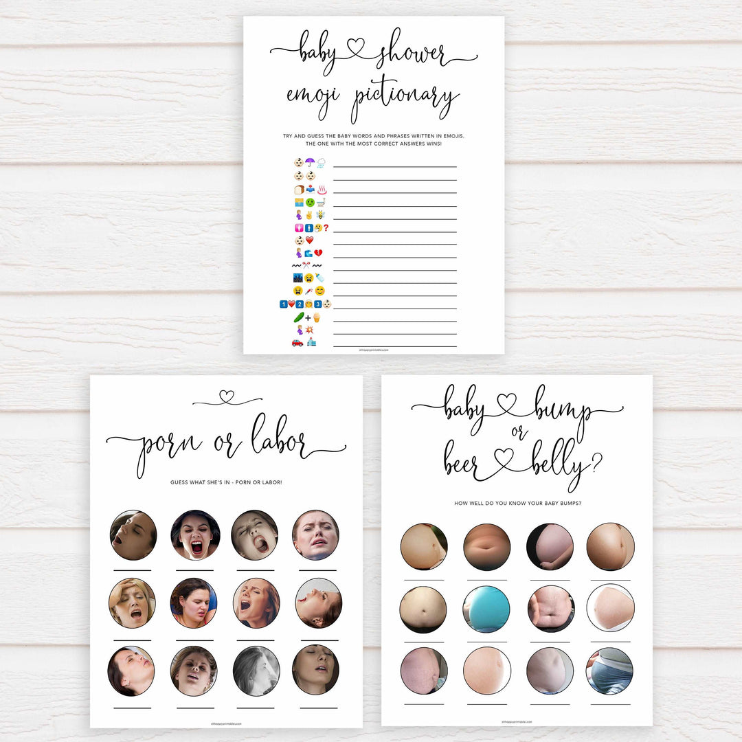 Minimalist baby shower games, 10 baby game bundles, fun baby games, printable baby games, top baby games, popular baby games, labor or porn games, neutral baby games, gender reveal games
