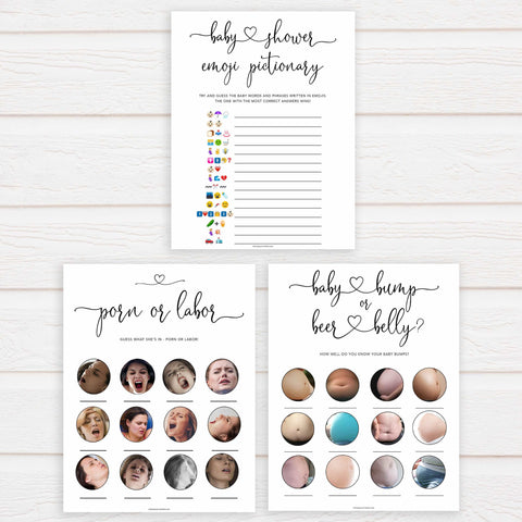 Minimalist baby shower games, 10 baby game bundles, fun baby games, printable baby games, top baby games, popular baby games, labor or porn games, neutral baby games, gender reveal games