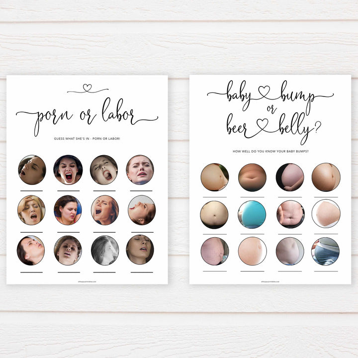 Minimalist baby shower games, 10 baby game bundles, fun baby games, printable baby games, top baby games, popular baby games, labor or porn games, neutral baby games, gender reveal games