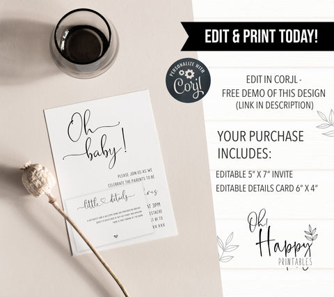 oh baby baby shower invitations, printable baby shower invitations, editable baby shower invites, minimalist baby shower