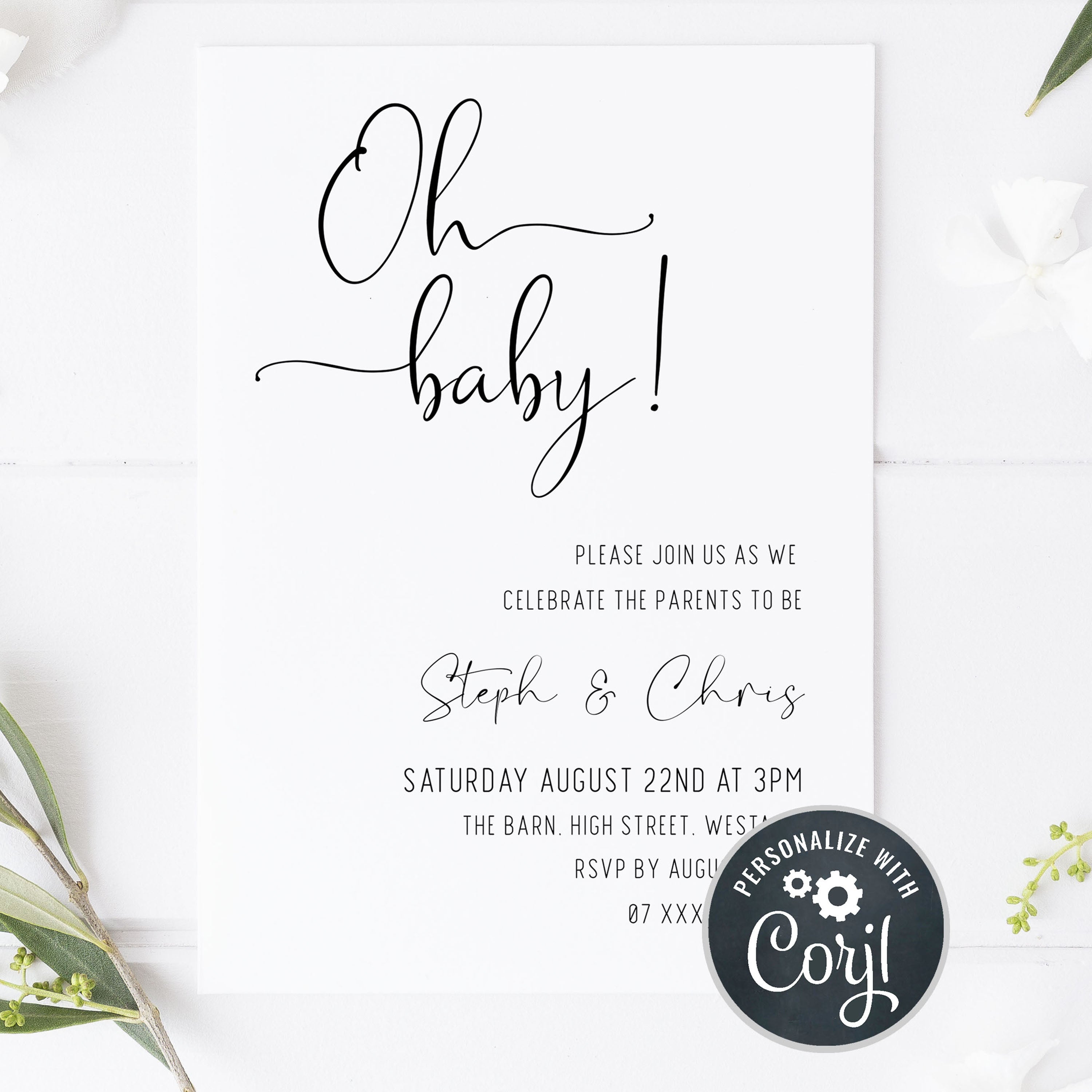 oh baby baby shower invitations, printable baby shower invitations, editable baby shower invites, minimalist baby shower