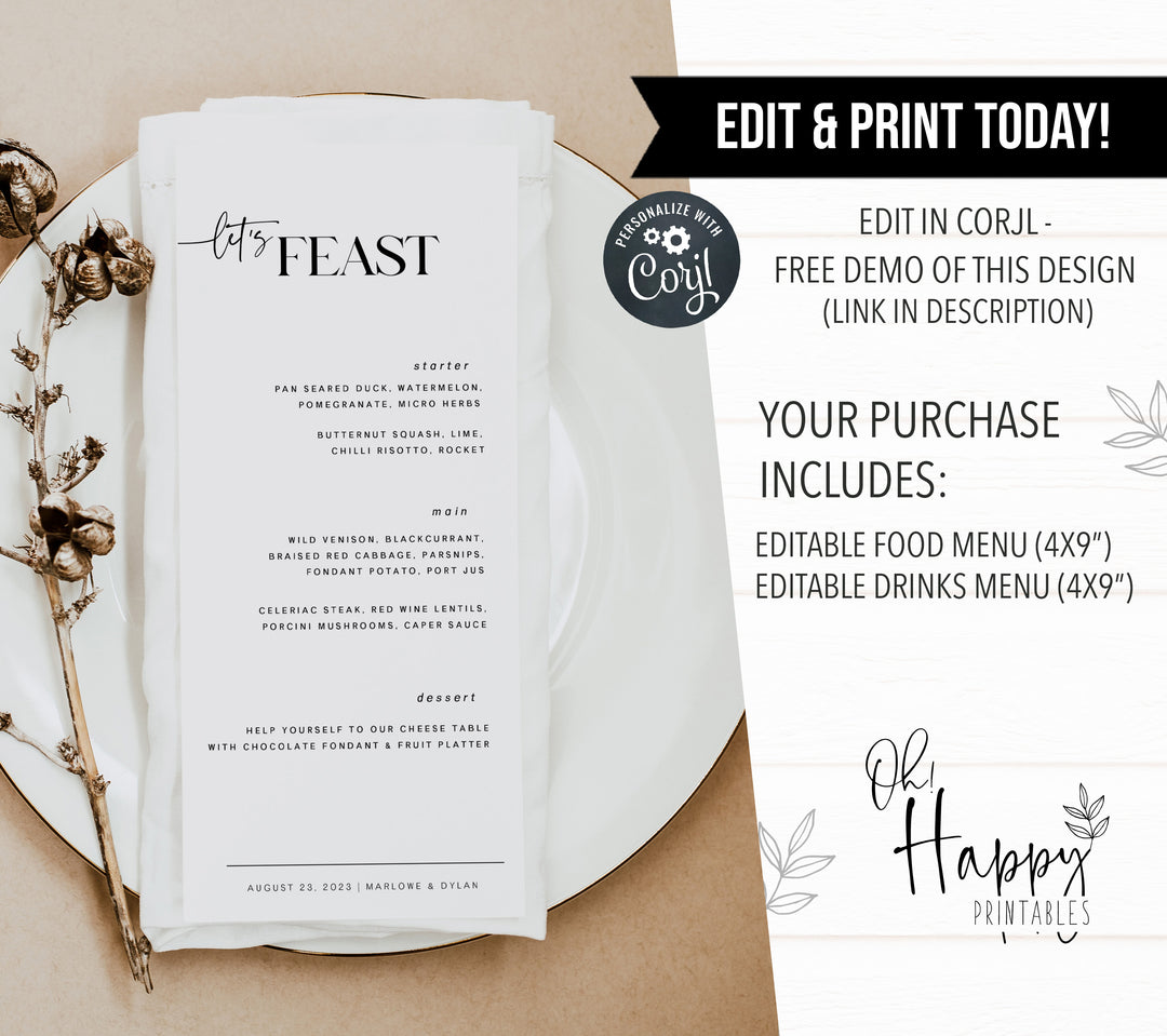 editable wedding food menu, printable wedding menu, DIY wedding menu, modern wedding menu,