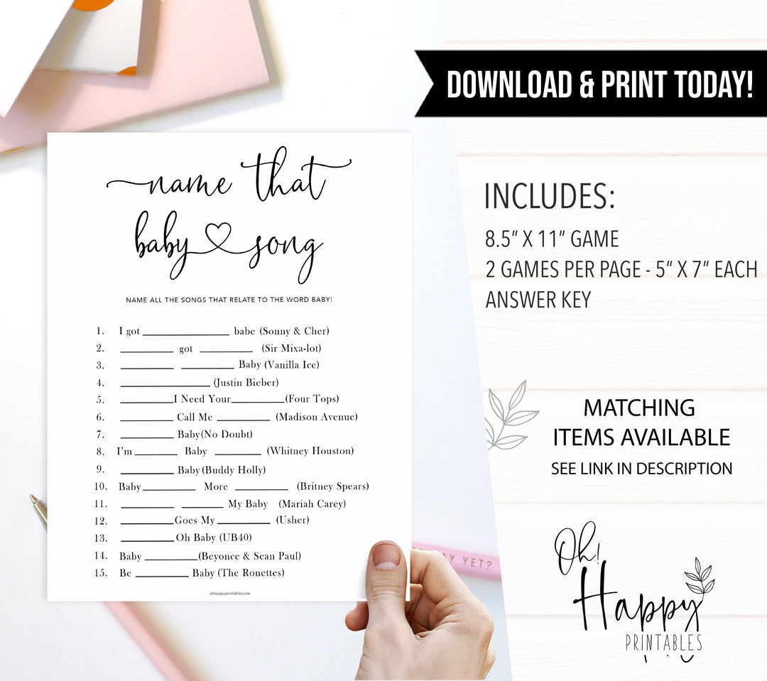 Minimalist baby shower games, name that baby song baby games, 10 baby game bundles, fun baby games, printable baby games, top baby games, popular baby games, labor or porn games, neutral baby games, gender reveal games