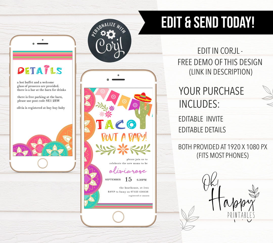 fiesta baby shower theme, printable baby shower invitations, editable baby shower invites, mexican baby shower, baby shower phone invites