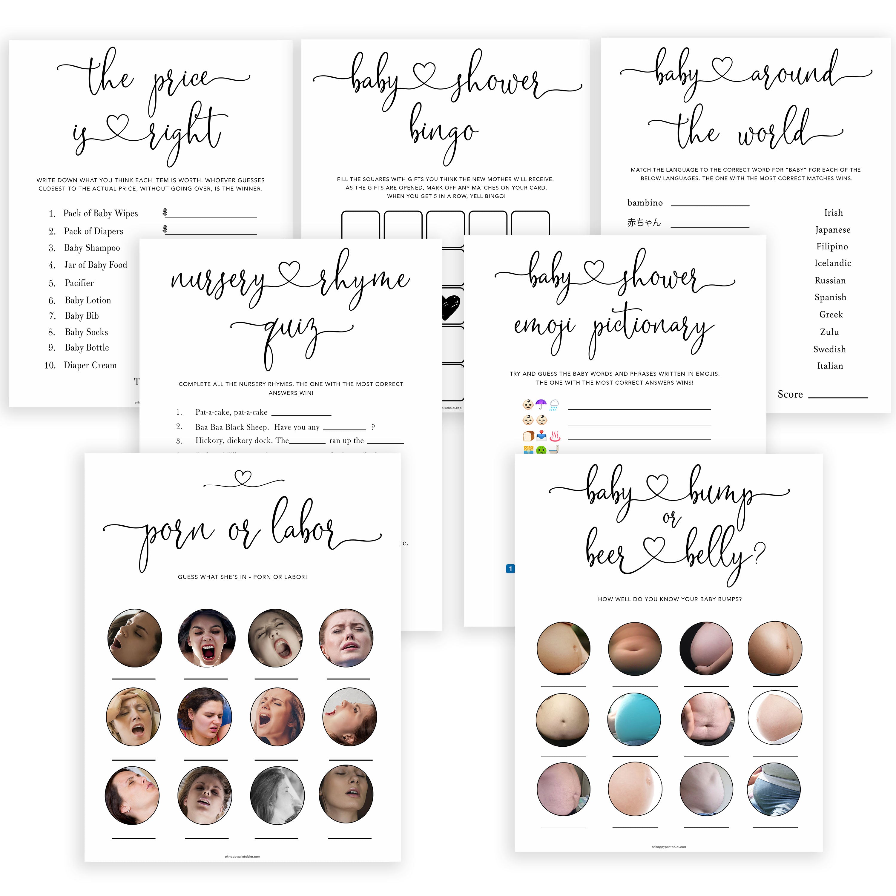 Minimalist baby shower games, 7 baby game bundles, fun baby games, printable baby games, top baby games, popular baby games, labor or porn games, neutral baby games, gender reveal games