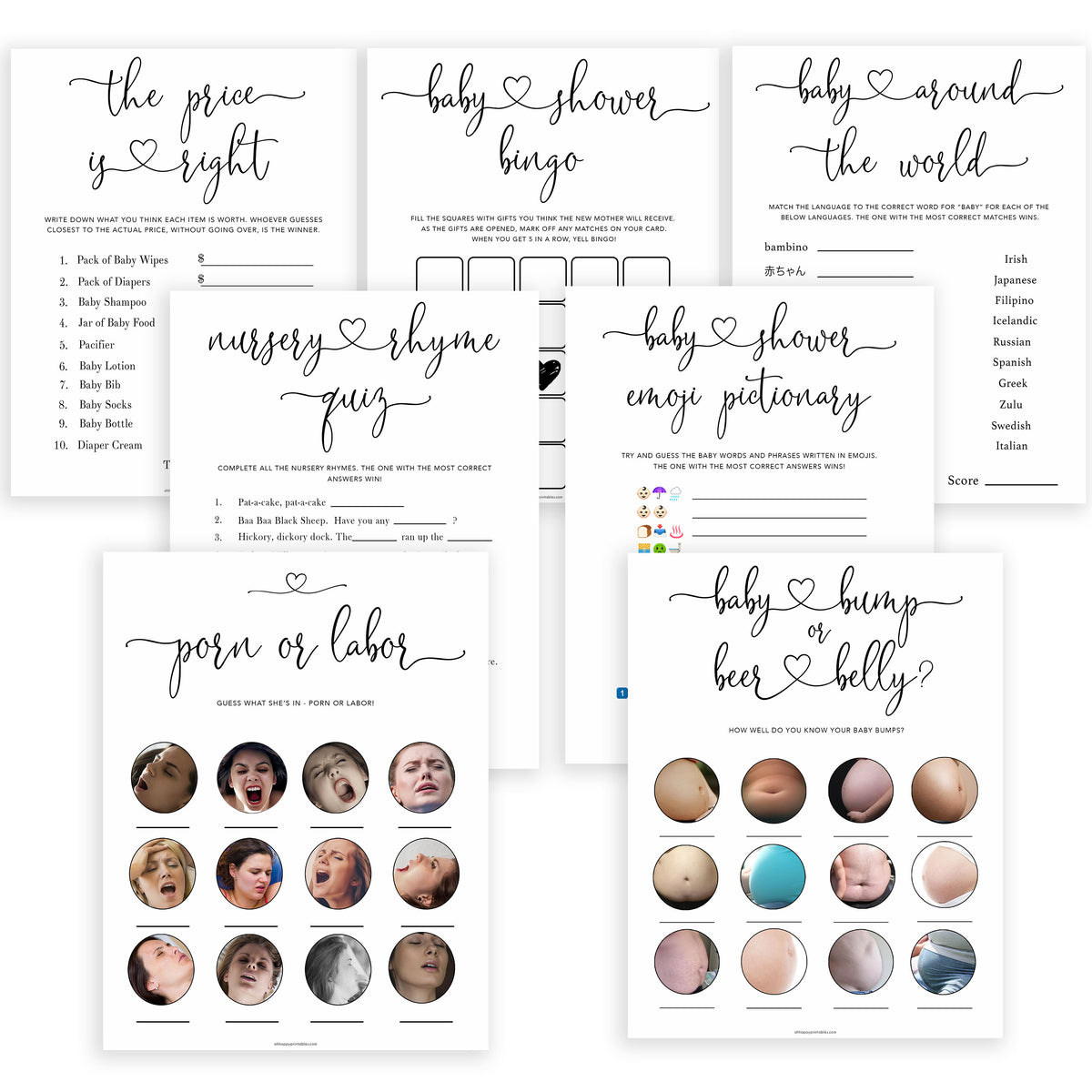 Minimalist baby shower games, 7 baby game bundles, fun baby games, printable baby games, top baby games, popular baby games, labor or porn games, neutral baby games, gender reveal games