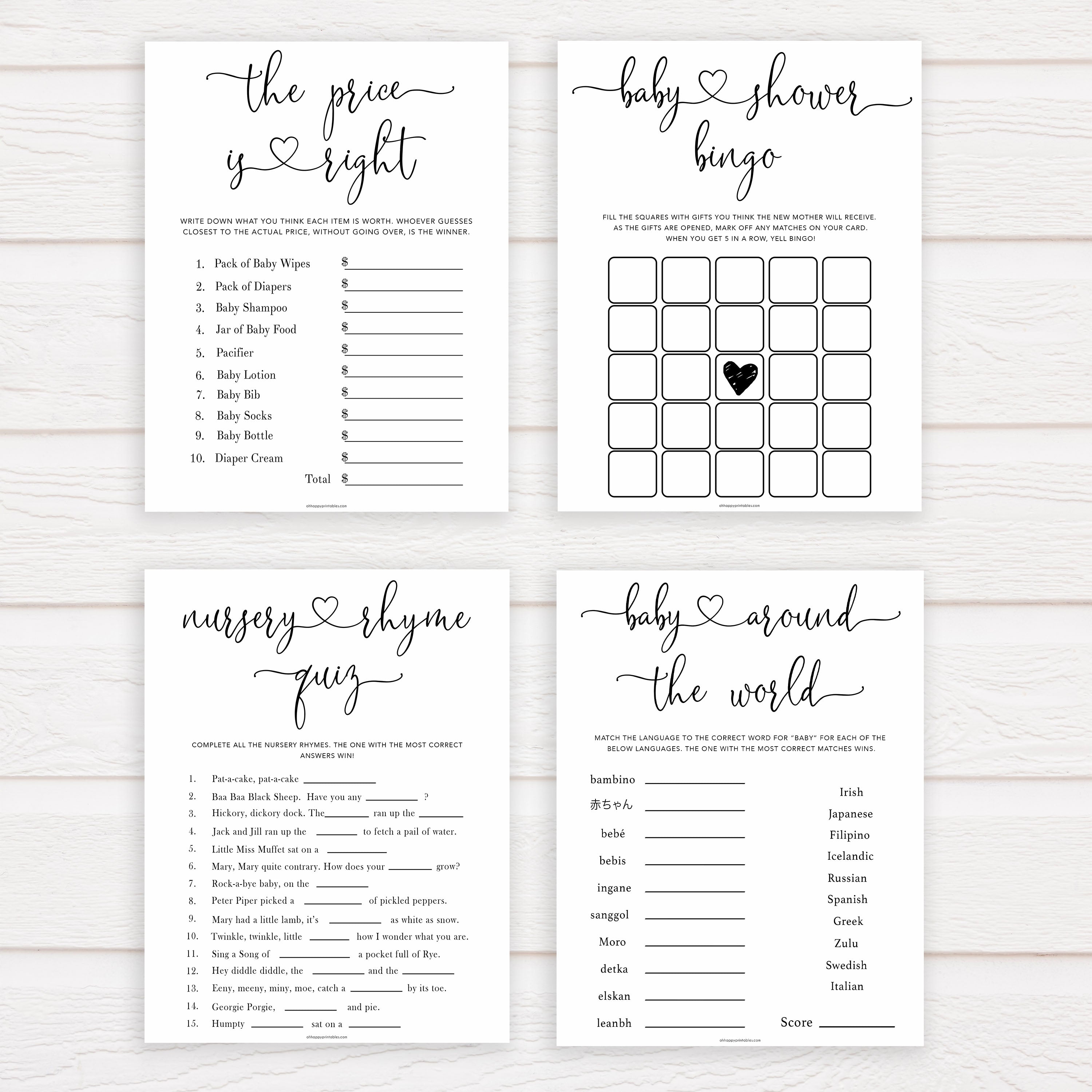 Minimalist baby shower games, 7 baby game bundles, fun baby games, printable baby games, top baby games, popular baby games, labor or porn games, neutral baby games, gender reveal games