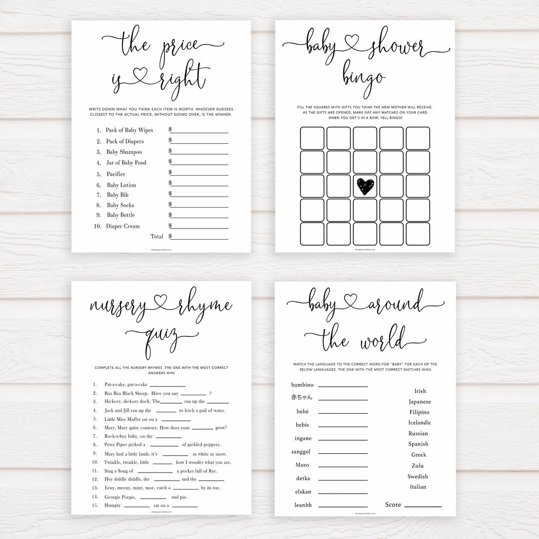 Minimalist baby shower games, 7 baby game bundles, fun baby games, printable baby games, top baby games, popular baby games, labor or porn games, neutral baby games, gender reveal games