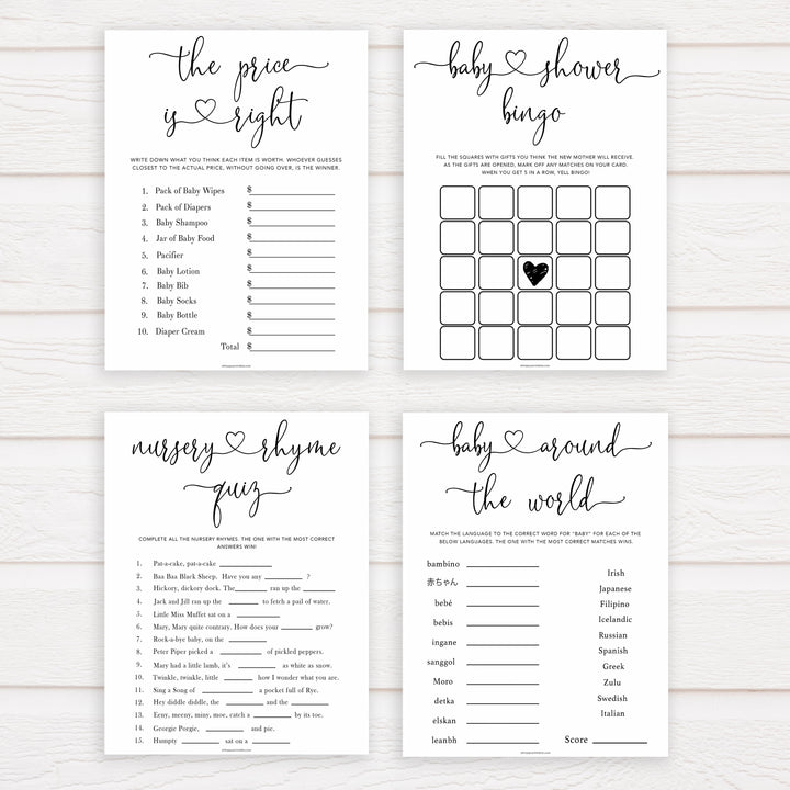 Minimalist baby shower games, 7 baby game bundles, fun baby games, printable baby games, top baby games, popular baby games, labor or porn games, neutral baby games, gender reveal games