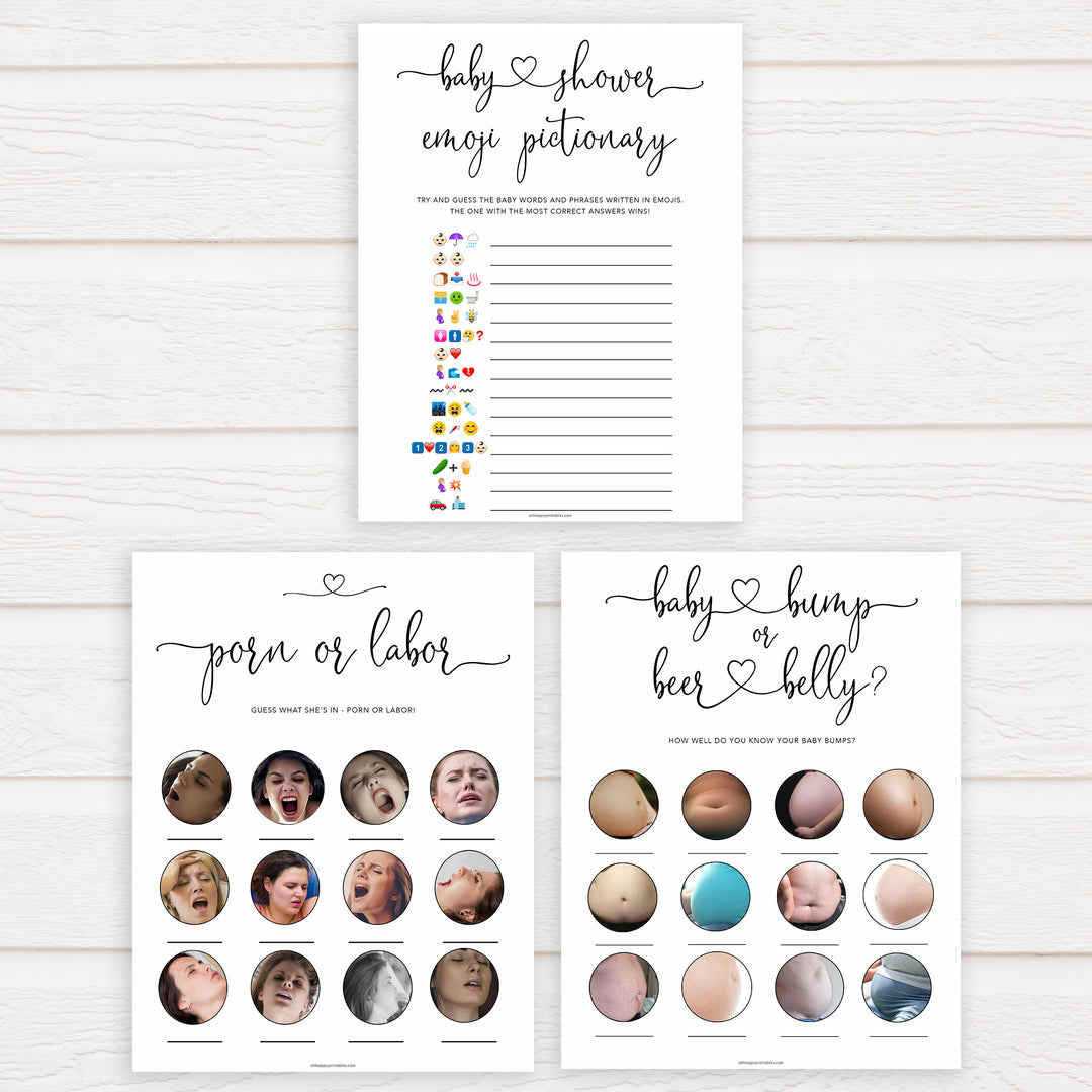 Minimalist baby shower games, 7 baby game bundles, fun baby games, printable baby games, top baby games, popular baby games, labor or porn games, neutral baby games, gender reveal games