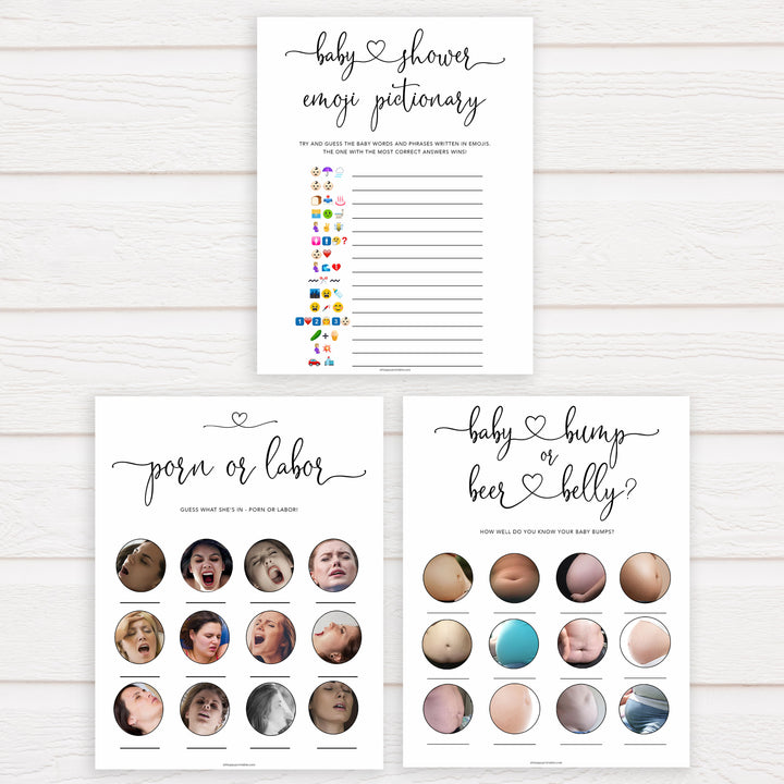 Minimalist baby shower games, 7 baby game bundles, fun baby games, printable baby games, top baby games, popular baby games, labor or porn games, neutral baby games, gender reveal games