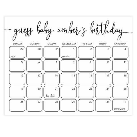 guess the baby birthday game, baby birthday predictions game, minimalist baby shower games, printable baby shower games, fun baby shower ideas