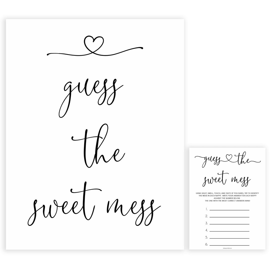 Minimalist baby shower games, guess the sweet mess baby games, 10 baby game bundles, fun baby games, printable baby games, top baby games, popular baby games, labor or porn games, neutral baby games, gender reveal games
