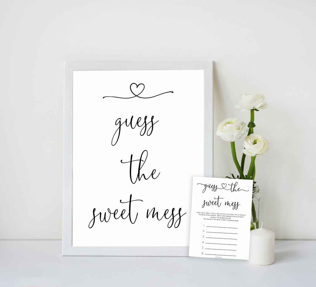 Minimalist baby shower games, guess the sweet mess baby games, 10 baby game bundles, fun baby games, printable baby games, top baby games, popular baby games, labor or porn games, neutral baby games, gender reveal games