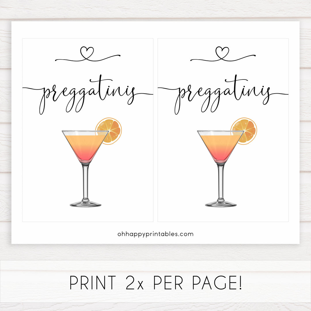 minimalist baby shower signs, preggatinis baby sign, drinks baby decor, printable baby signs, minimalist baby decor
