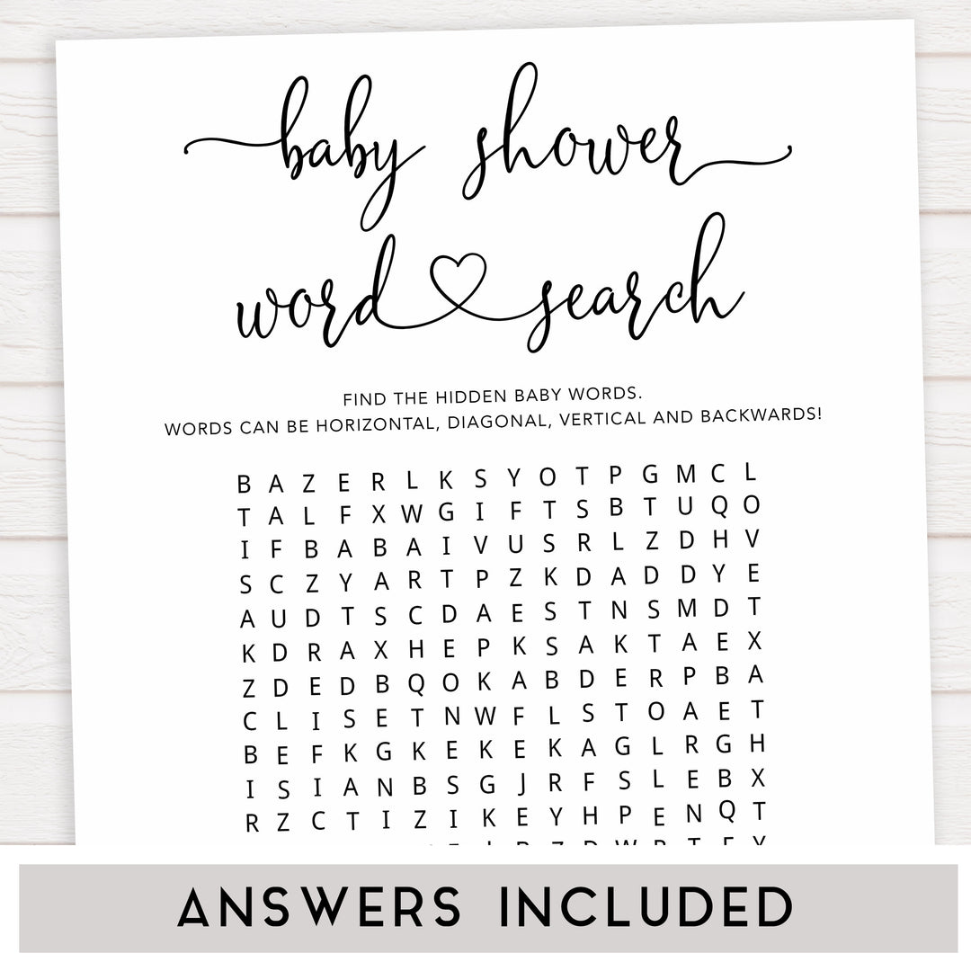 Minimalist baby shower games, word search baby games, 10 baby game bundles, fun baby games, printable baby games, top baby games, popular baby games, labor or porn games, neutral baby games, gender reveal games