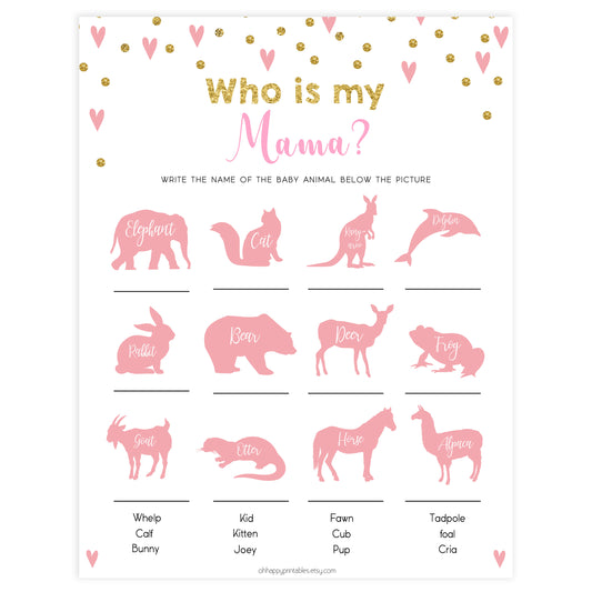 Small pink hearts baby game, who is my mama game, fun baby games, top baby games, printable baby games, girl baby games, pink baby shower, 10 best baby games