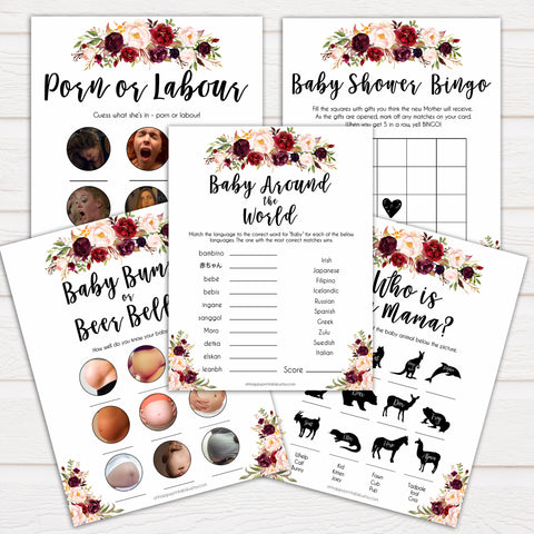 marsala baby shower games, best baby shower games, porn or labor, floral baby shower games
