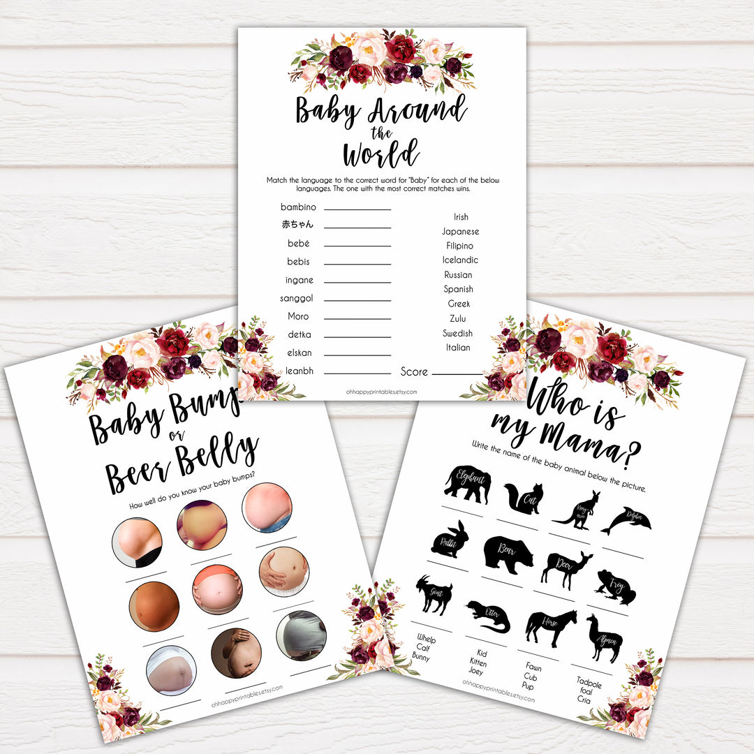 marsala baby shower games, best baby shower games, porn or labor, floral baby shower games