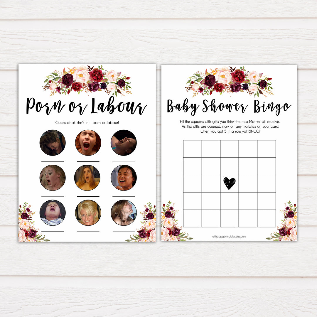 marsala baby shower games, best baby shower games, porn or labor, floral baby shower games