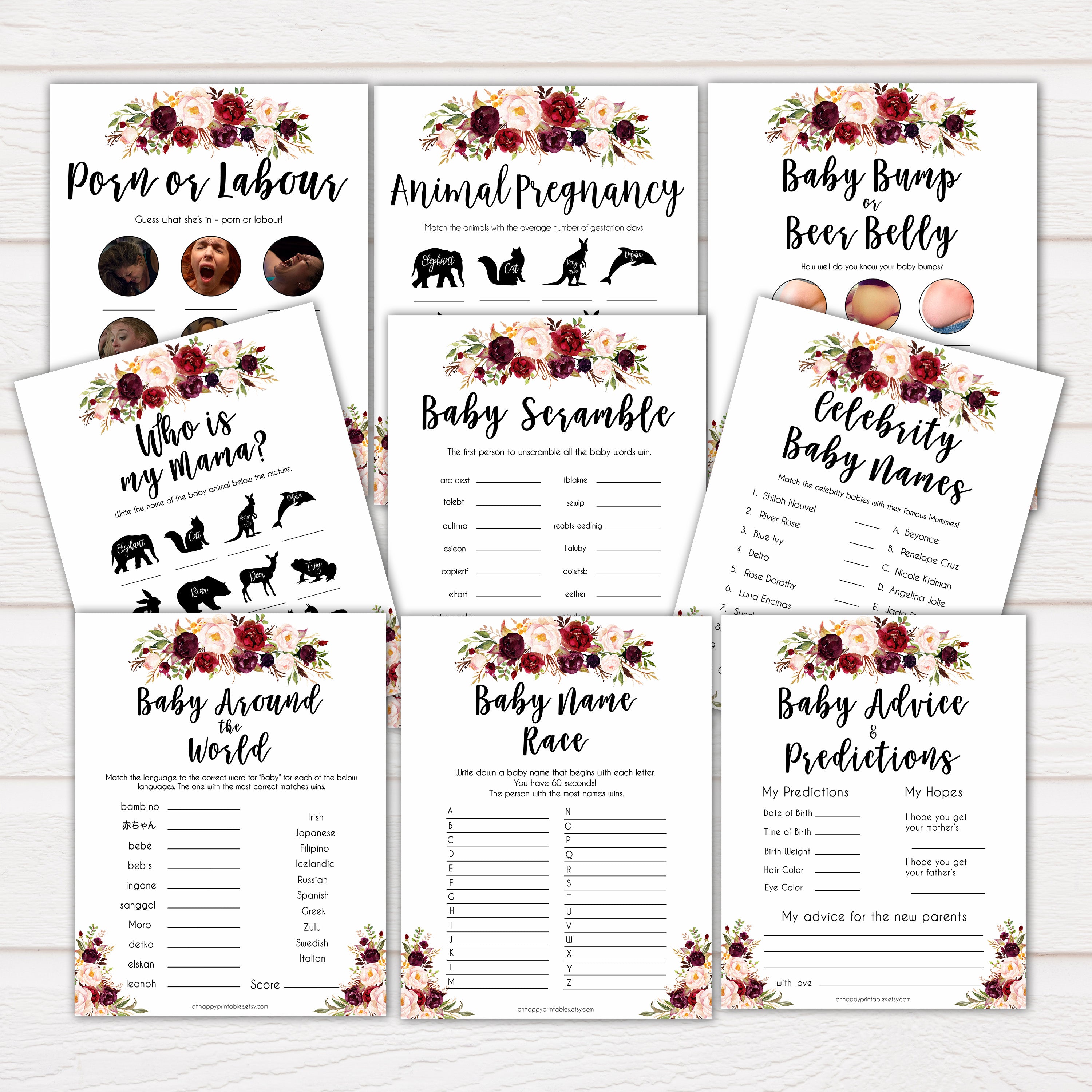 marsala baby shower games, best baby shower games, porn or labor, floral baby shower games