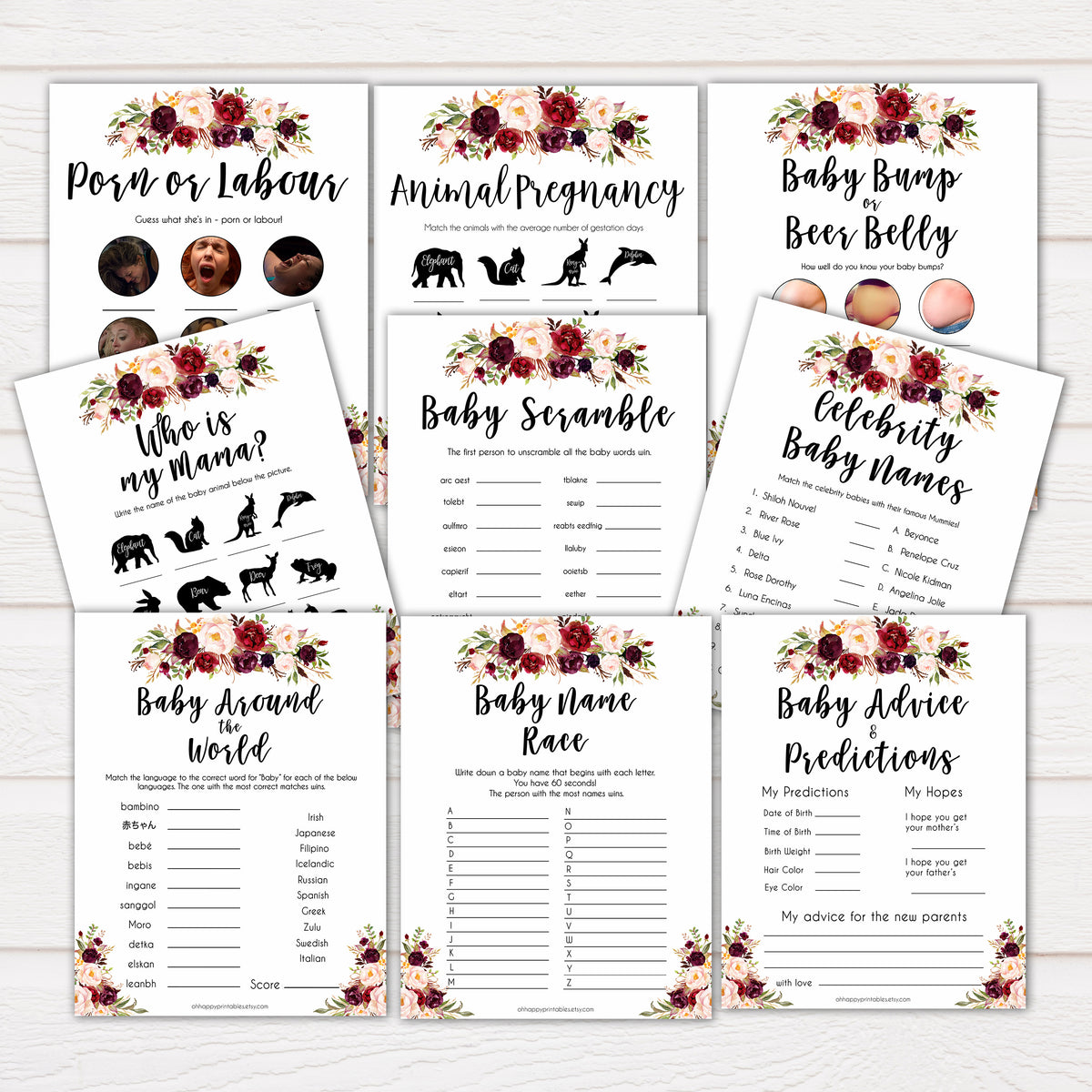 marsala baby shower games, best baby shower games, porn or labor, floral baby shower games