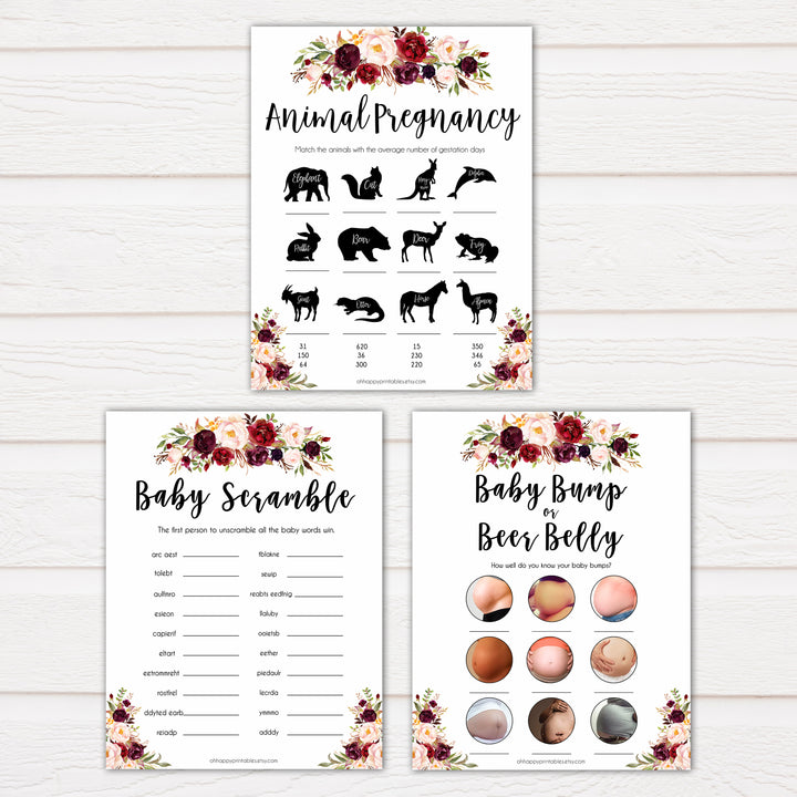 marsala baby shower games, best baby shower games, porn or labor, floral baby shower games