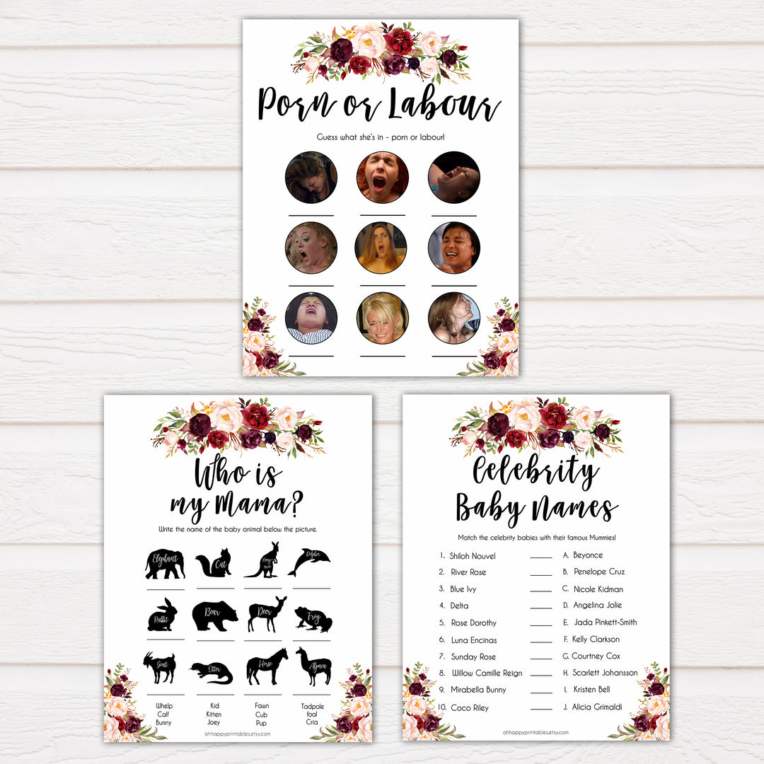 marsala baby shower games, best baby shower games, porn or labor, floral baby shower games