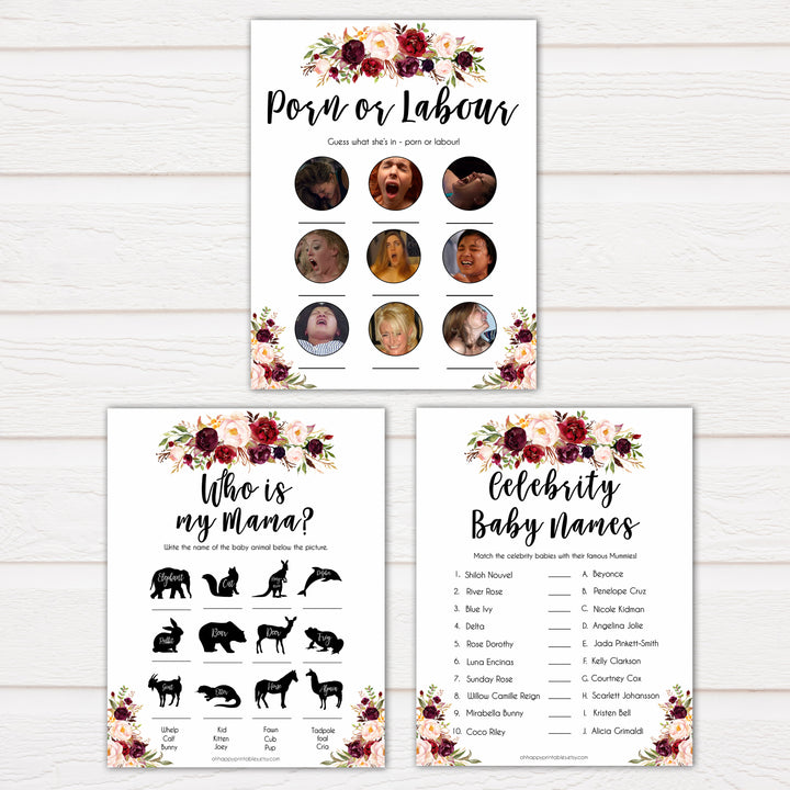marsala baby shower games, best baby shower games, porn or labor, floral baby shower games