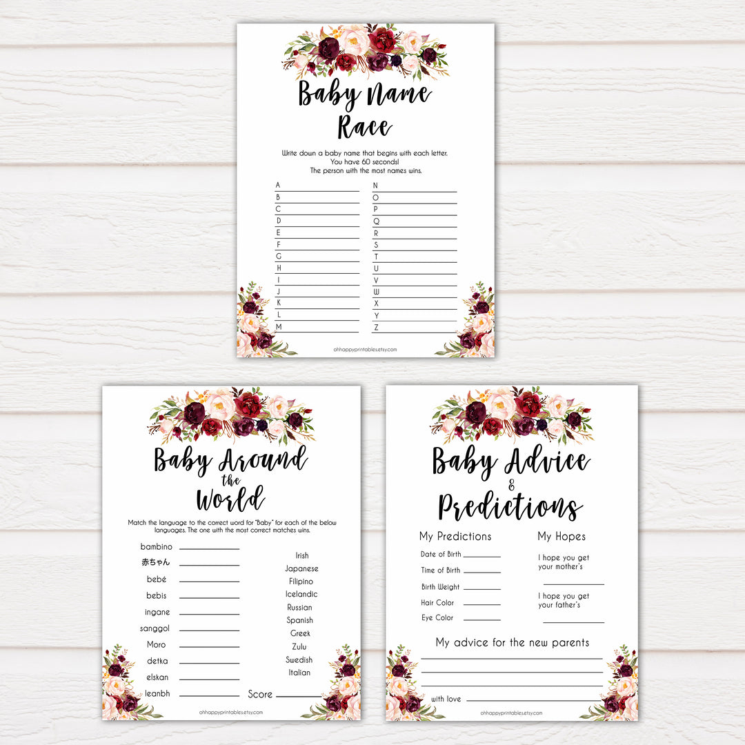 marsala baby shower games, best baby shower games, porn or labor, floral baby shower games