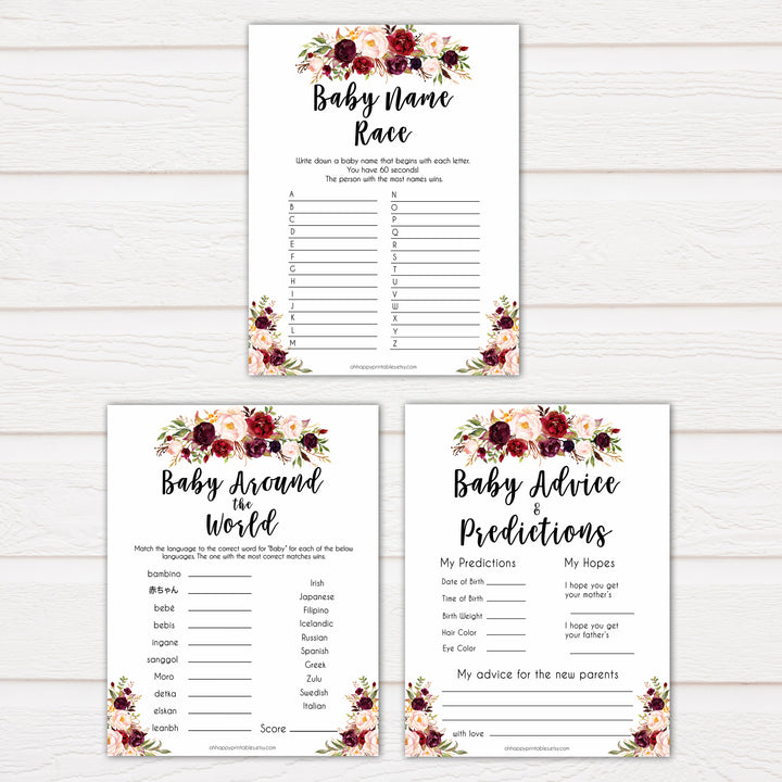 marsala baby shower games, best baby shower games, porn or labor, floral baby shower games