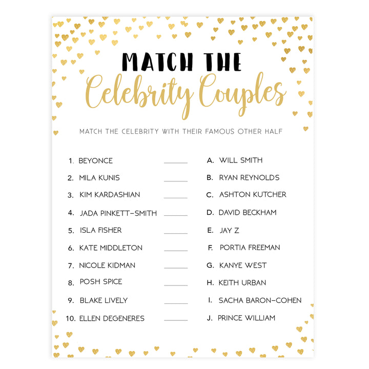 Gold hearts bridal shower games, match the celebrity couples, printable bridal games, gold bridal games, gold hearts bridal games, fun bridal games, top bridal games, best bridal games