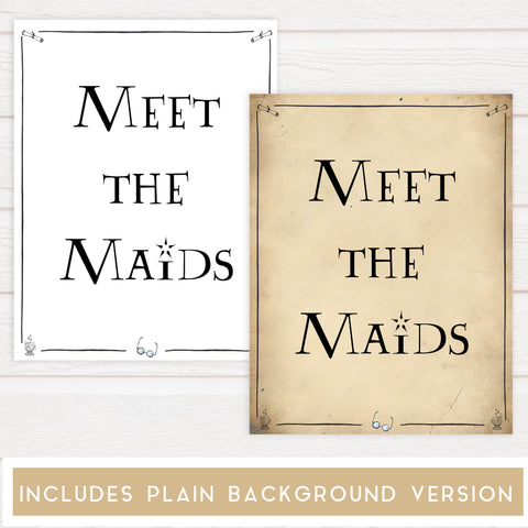 meet the maids bridal signs, meet the maids, Printable bridal shower signs, Harry Potter bridal shower decor, Harry Potter bridal shower decor ideas, fun bridal shower decor, bridal shower game ideas, Harry Potter bridal shower ideas