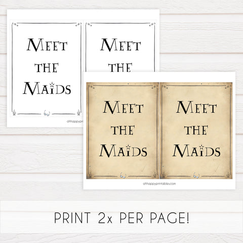 meet the maids bridal signs, meet the maids, Printable bridal shower signs, Harry Potter bridal shower decor, Harry Potter bridal shower decor ideas, fun bridal shower decor, bridal shower game ideas, Harry Potter bridal shower ideas
