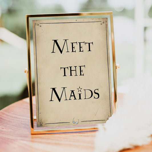 meet the maids bridal signs, meet the maids, Printable bridal shower signs, Harry Potter bridal shower decor, Harry Potter bridal shower decor ideas, fun bridal shower decor, bridal shower game ideas, Harry Potter bridal shower ideas