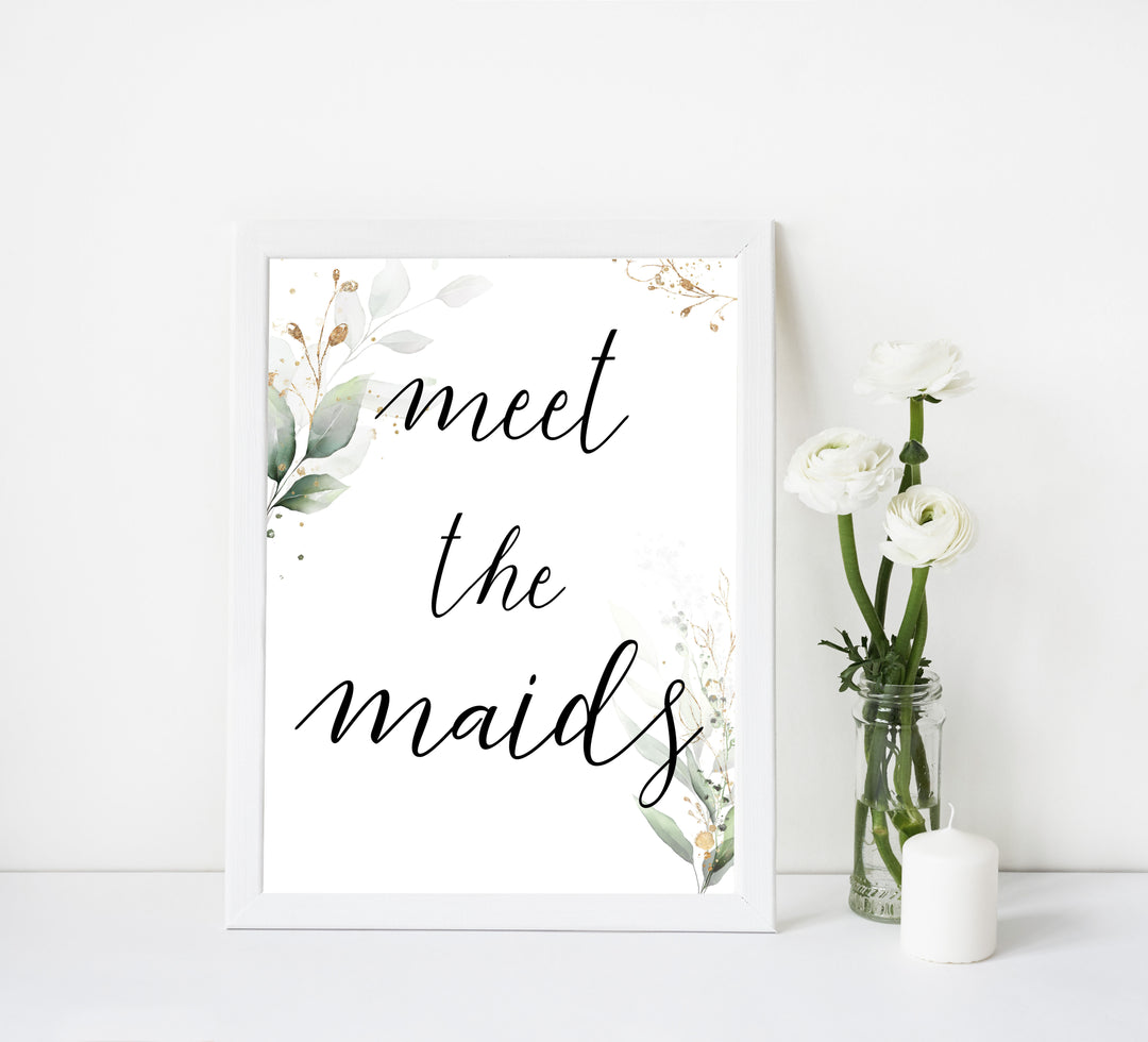 meet the maids sign, Printable bridal shower signs, greenery bridal shower decor, gold leaf bridal shower decor ideas, fun bridal shower decor, bridal shower game ideas, greenery bridal shower ideas