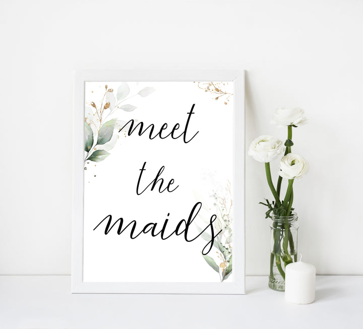 meet the maids sign, Printable bridal shower signs, greenery bridal shower decor, gold leaf bridal shower decor ideas, fun bridal shower decor, bridal shower game ideas, greenery bridal shower ideas