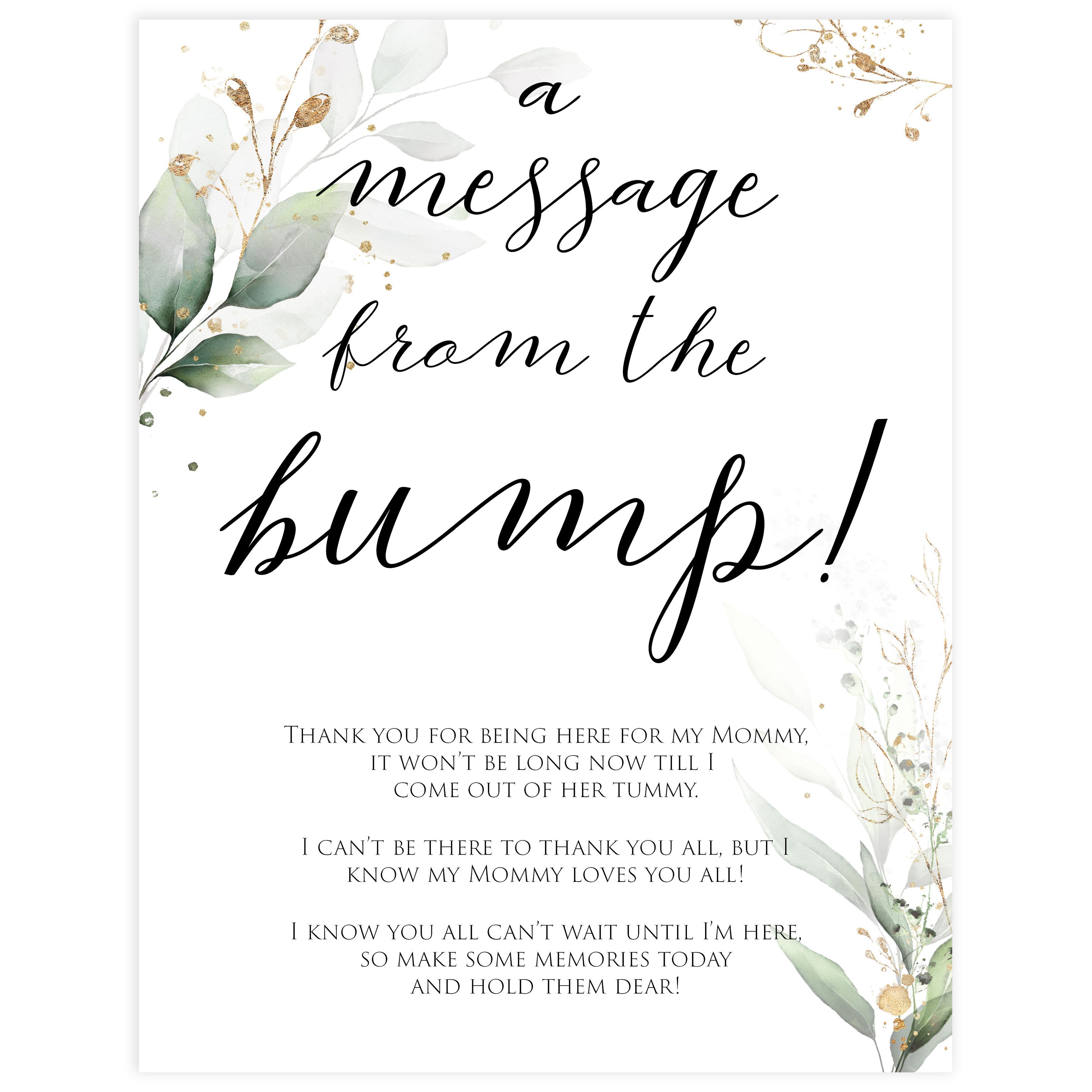 Gold green leaf baby games, message from the bump, printable baby games, fun baby games, top baby games to play, gold leaf baby shower, greenery baby shower ideas