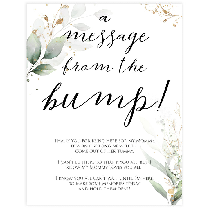 Gold green leaf baby games, message from the bump, printable baby games, fun baby games, top baby games to play, gold leaf baby shower, greenery baby shower ideas