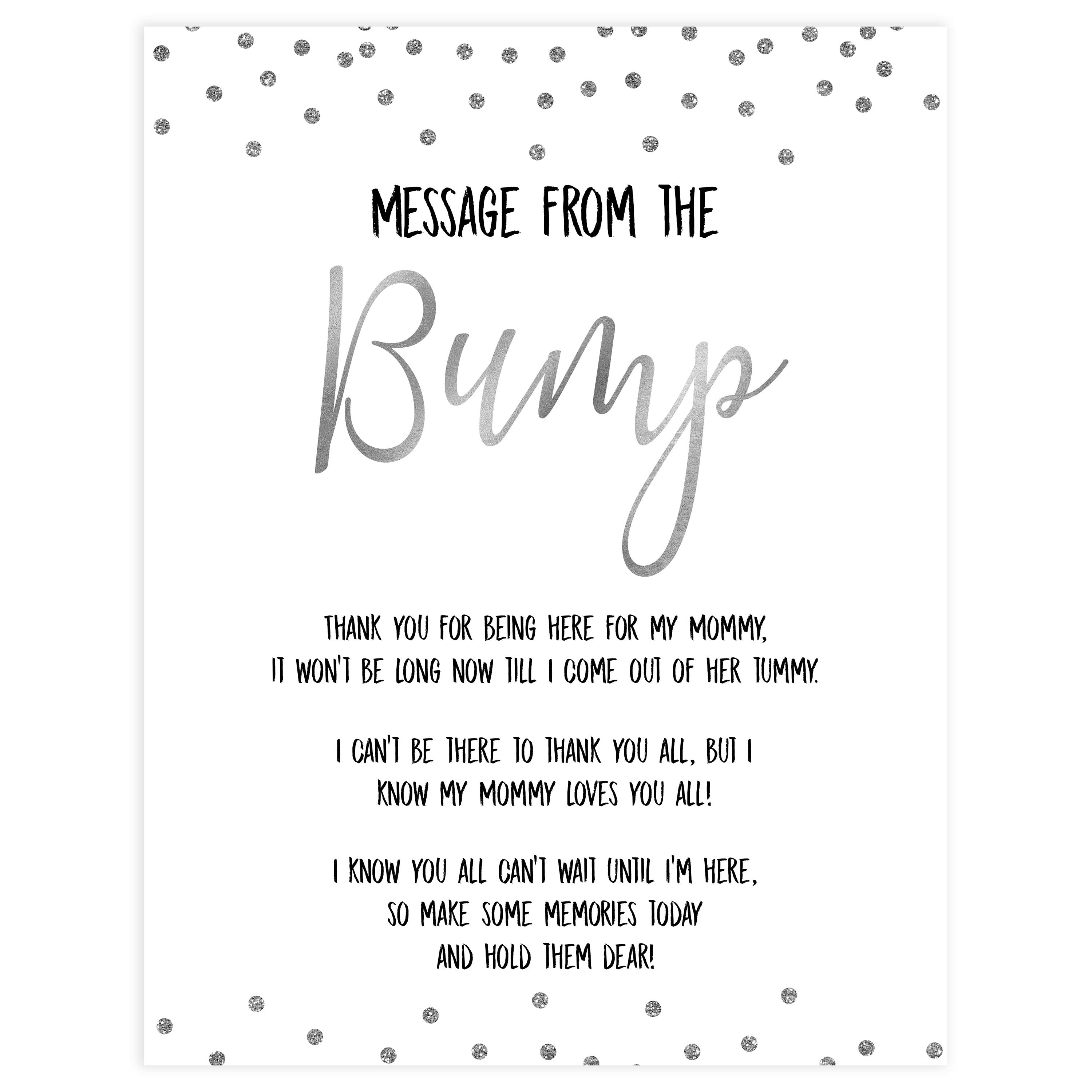 message from the bump game, Printable baby shower games, baby silver glitter fun baby games, baby shower games, fun baby shower ideas, top baby shower ideas, silver glitter shower baby shower, friends baby shower ideas