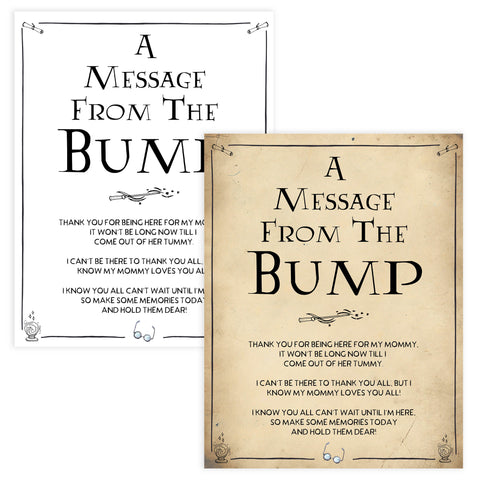 Message From the Bump Baby Sign, Wizard baby shower games, printable baby shower games, Harry Potter baby games, Harry Potter baby shower, fun baby shower games,  fun baby ideas