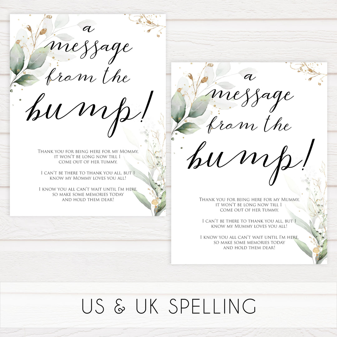 Gold green leaf baby games, message from the bump, printable baby games, fun baby games, top baby games to play, gold leaf baby shower, greenery baby shower ideas