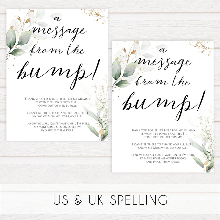 Gold green leaf baby games, message from the bump, printable baby games, fun baby games, top baby games to play, gold leaf baby shower, greenery baby shower ideas