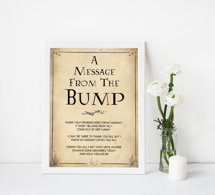 Message From the Bump Baby Sign, Wizard baby shower games, printable baby shower games, Harry Potter baby games, Harry Potter baby shower, fun baby shower games,  fun baby ideas